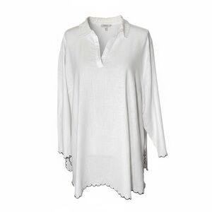 NWT Sigrid Olsen Linen Blend Scallop Hem Split Neck Popover Tunic 3X Coastal